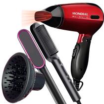 Secador de Cabelos Mondial 1200w Ions Tourmaline Mini Dobravel Viagem Bivolt Difusor Cachos Escova Alisadora 2 em 1 HQ