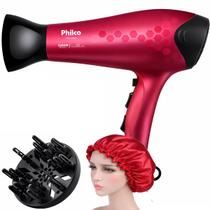 Secador De Cabelos Philco 2200w Íons Tourmaline Ar Quente e Frio Com Difusor Cachos Bivolt Com Touca Cetim