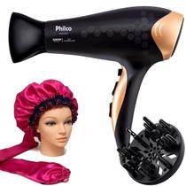 Secador De Cabelos Philco 2200w Preto Íons Tourmaline Ar Quente e Frio Com Difusor Cachos Bivolt Touca Difusora