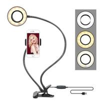 Selfie Ring Light com Suporte para Celular com Luz de e Braços Flexíveis 2 em 1
