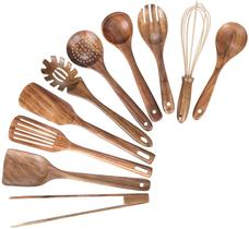 (Sem titular) Utensílios de madeira de cozinha para cozinhar, madeira antiaderente Madeira Utensil Natural Teak Wood Spoons for Cooking,Kitchen Utenails Set, Conjunto de Utensílios de Cozinha de Madeira com Espátula e Concha (10)