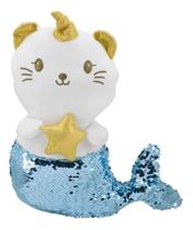 Sereia De Gato Branco Chifre Lantejoulas Azul Prateado 35cm Sereia De Gato Branco Chifre Lantejoulas Azul Prateado 35cm