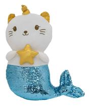 Sereia De Gato Branco Chifre Lantejoulas Azul Prateado 54cm