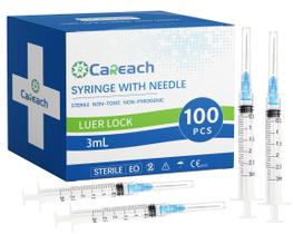 Seringa Careach, 100 pacotes de 3 mL, 23 Ga, 1 polegada, embalados individualmente