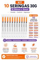 Seringas 30G 0,30x8mm Estéreis Descartáveis 10 Álcool Swab P Higienização
