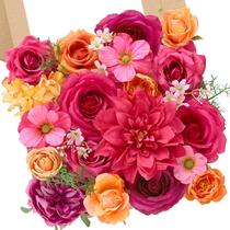 Serwalin Flores Artificiales en Rosa Fucsia y Naranja, Flores de Seda Magenta, Flores Artificiales de Otoño para Ramo de Boda, Centros de Mesa, Decoración del Hogar