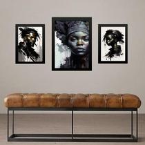 Set 3 Quadros Artes Pessoas Raça Negra - Com Vidro