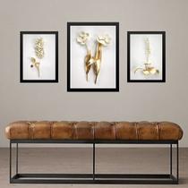 Set 3 Quadros Florais Branco Com Dourado - com vidro