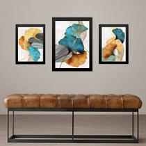 Set 3 Quadros Folhas Azul Com Dourado - com vidro