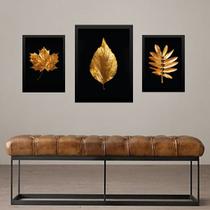 Set 3 Quadros Folhas - Preto Com Dourado Set 3 Quadros Folhas - Preto Com Dourado