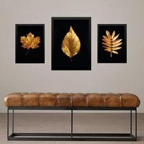 Set 3 Quadros Folhas - Preto Com Dourado Set 3 Quadros Folhas - Preto Com Dourado