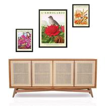 Set 3 Quadros Pássaros Flores Coloridas - Com Vidro