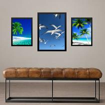 Set 3 Quadros Praia Azul - Gaivotas - com vidro Set 3 Quadros Praia Azul - Gaivotas - com vidro