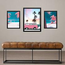Set 3 Quadros Praia Coqueiros Rosa - com vidro