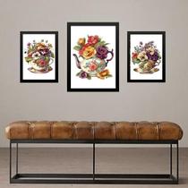 Set 3 Quadros Vintage Café Com Flores - Com Vidro