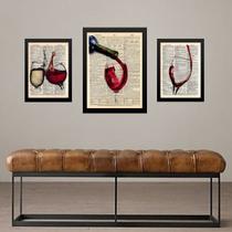 Set 3 Quadros Vintage Vinho - com vidro