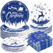 Set de 200 piezas de platos y servilletas azules de Navidad GOLDGAO para 50 personas