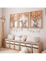 Set de 3 peças infantil Quadro Arvore Outono Elefante Decoração Efeito Suave