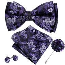 Set de Corbatín Floral de Seda Morado Formal Barry.Wang 13.5x7.5cm