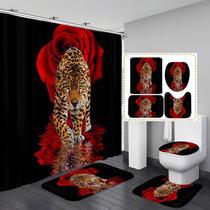 Set de Cortina de Ducha Leopardo con Rosas Rojas 4 Piezas 180x180 cm