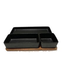 Set de porta aperitivos de ceramica preta e base de madeira - 3 pcs