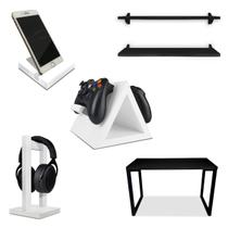 Setup Gamer Kit Spark Mesa Preto/Preto + 2 Prateleiras + Suporte p/ Controle Fone e Cel Branco