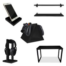 Setup Gamer Kit Spark Mesa Preto/Preto + 2 Prateleiras + Suporte p/ Controle Fone e Cel Preto