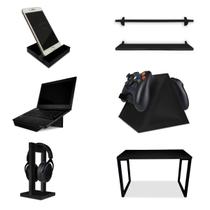 Setup Gamer Kit Spark Mesa Preto/Preto + 2 Prateleiras + Suporte p/ Controle Fone Note e Cel Preto