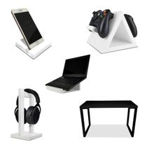 Setup Gamer Kit Spark Mesa Preto + Suporte para Controle Headset Notebook e Celular Branco