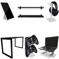 Setup Kit Gamer Vexus Com Mesa 1,20 Prateleiras Suporte P/ Notebook Controle Fone Celular Branco