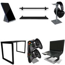 Setup Kit Gamer Vexus Com Mesa 1,20 Prateleiras Suporte P/ Notebook Controle Fone Celular Prata