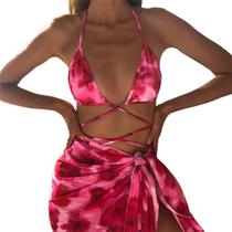 Sexy 3pcs Swimsuit Set Women Tie-Dye Floral Print Strappy Bikini with Sarong - L
