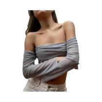 Sexy Transparente Fora Do Ombro Manga Comprida Sem Costas Crop Top Para Mulheres Verão Y2k Sexy Transparente Fora Do Ombro Manga Comprida Sem Costas Crop Top Para Mulheres Verão Y2k