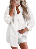Shacket Astylish, jeans ocidental, decote em V, botão, branco, GG