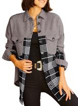 Shacket Astylish Women de manga comprida, flanela, xadrez, cinza, XXL