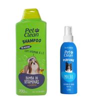 Shampoo 2 em 1 Bomba de Vitaminas 700ml e Perfume 120ml Pet Clean para Cães e Gatos com Queratina e Vit A e E