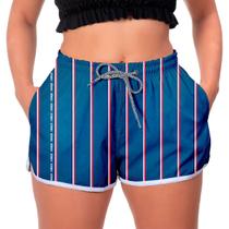 Short Azul Feminino Listrado França Bolsos Laterais Premium