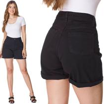 Short Basico Feminino Mom Cintura Alta Em Sarja Preto