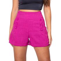 Short Bermuda Feminino Alfaiataria Linho Social Com Botões