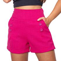 Short Bermuda Feminino Alfaiataria Linho Social Com Botões