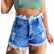 Short Bermuda Jeans Feminino Cintura Alta Destroyed Hot Pants