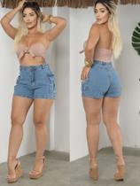 Short Cargo Jeans Feminino Cintura Alta