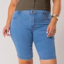 Short Ciclista Jeans Azul Claro Empina Bumbum Com Cintura Alta E Elastano