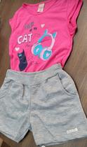 Short cinza modal kids e blusa estampada pink Short cinza modal kids e blusa estampada pink
