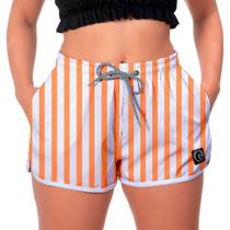 Short Confortável Listrado Laranja Praia Esporte Feminino Academia Bolsos
