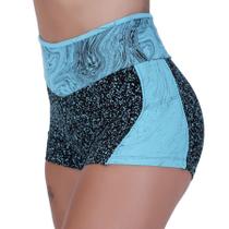 Short Curto Fitness Feminino Recortes Poliamida Cós Alto Orbis Azul