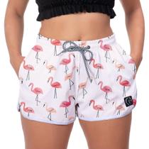 Short De Malhar Feminino Branco Flamingos Esportivo Academia Praia Conforto Pro W2