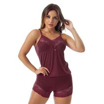 Short Doll Listrado Sensual Com Renda e Tule Transparente Rendado De Dormir Pijama Baby Doll Shortinho Com Lacinho