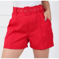 Short Feminino Alfaiataria Cintura Alta com Cinto Vermelho - moda feminina