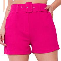 Short Feminino Alfaiataria Linho Cinto Forrado Bolso Cós Alta